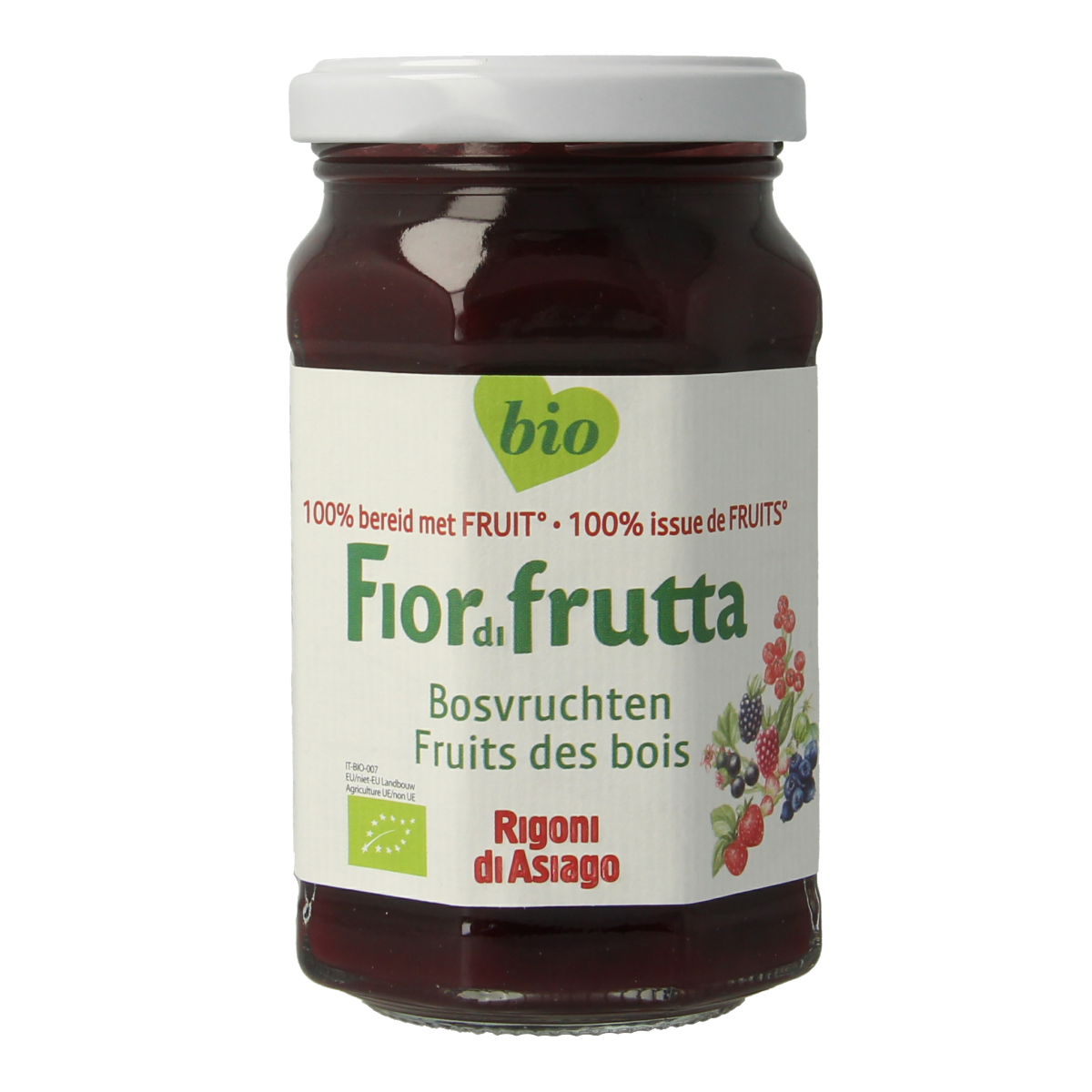 Fiordifrutta bio Bosvruchtenjam spread on bread, showing fresh mixed berry fruit jam in a jar.