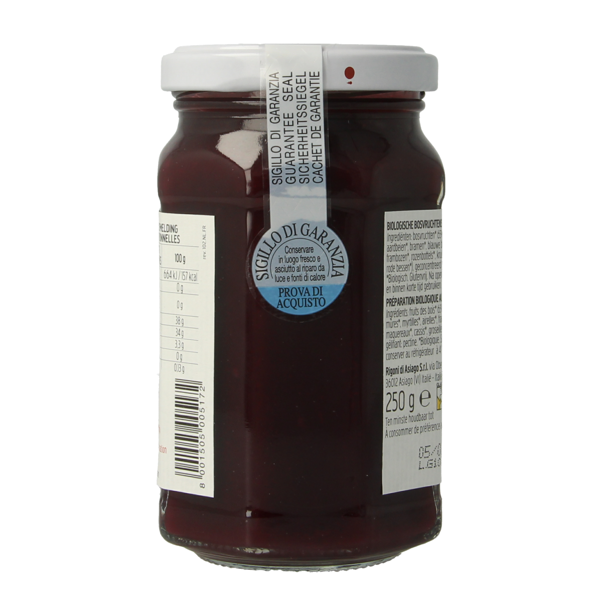 Fiordifrutta Bosvruchtenjam bio spread on bread, showing a jar of organic mixed berry fruit spread for breakfast.