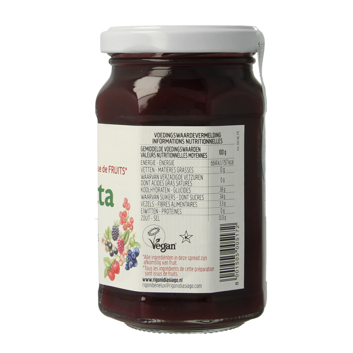 Fiordifrutta Bosvruchtenjam bio 250g spread on bread, showing fresh mixed berries in glass jar for natural fruit spread.
