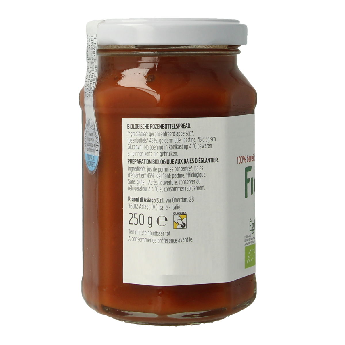Fiordifrutta bio Rozenbotteljam spread on bread, 250g jar, natural fruit jam with rosehip flavor, for breakfast or snacks.