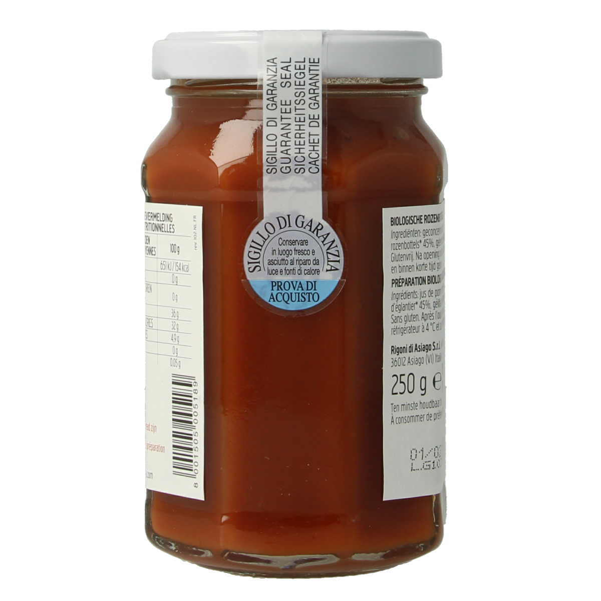 Fiordifrutta Rozenbotteljam bio spread on bread, 250g jar, natural fruit preserves with rosehip flavor.