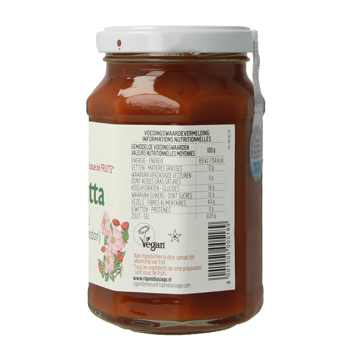 Fiordifrutta bio rosehip jam spread on bread, 250g jar, natural fruit spread for breakfast or snacks.