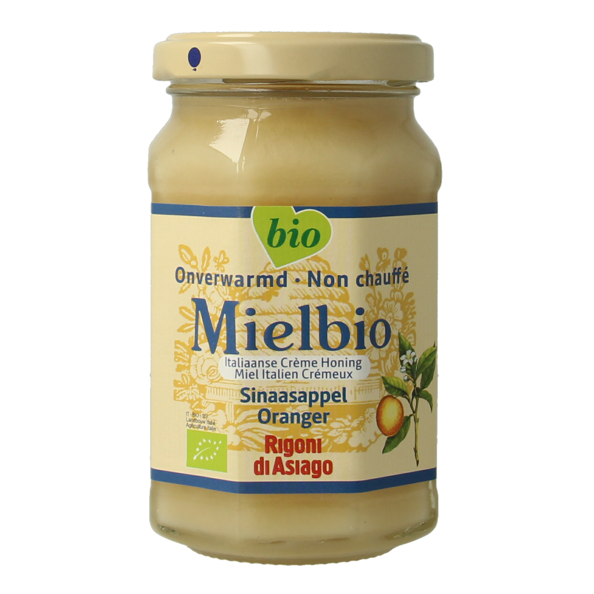 Mielbio Sinaasappel creme honing bio 300g jar with orange-flavored honey and creamy texture, natural and organic.