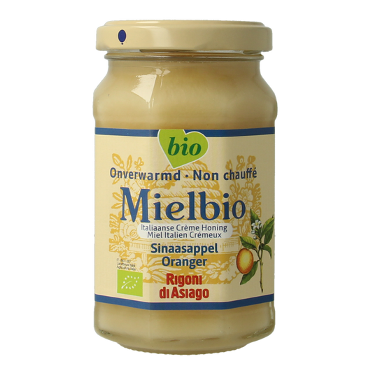 Mielbio Sinaasappel creme honing bio 300g jar with orange-flavored honey and creamy texture, natural and organic.
