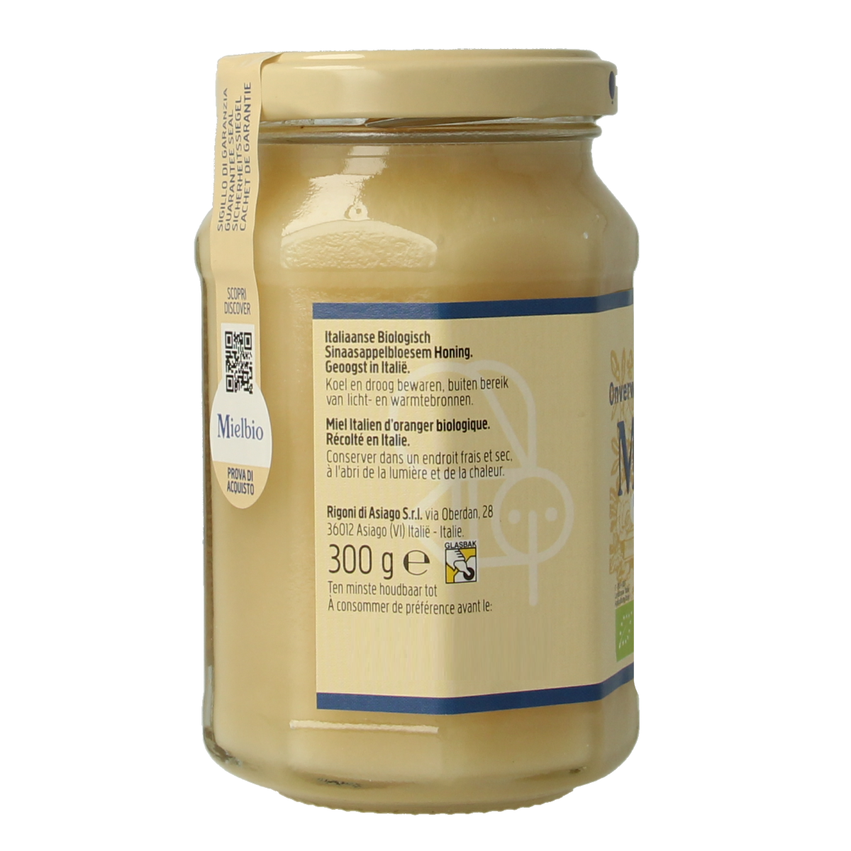 Mielbio Sinaasappel creme honing bio 300g jar showing orange-flavored honey spread in a glass jar with a golden lid.