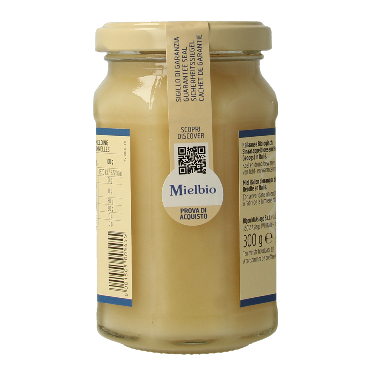 Mielbio Sinaasappel creme honing bio jar, 300g, smooth orange-flavored organic honey in a glass container