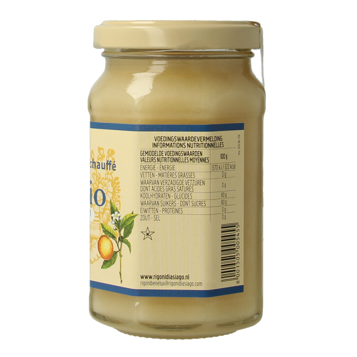 Mielbio Sinaasappel creme honing in 300g jar, natural orange-infused organic honey with a creamy texture.