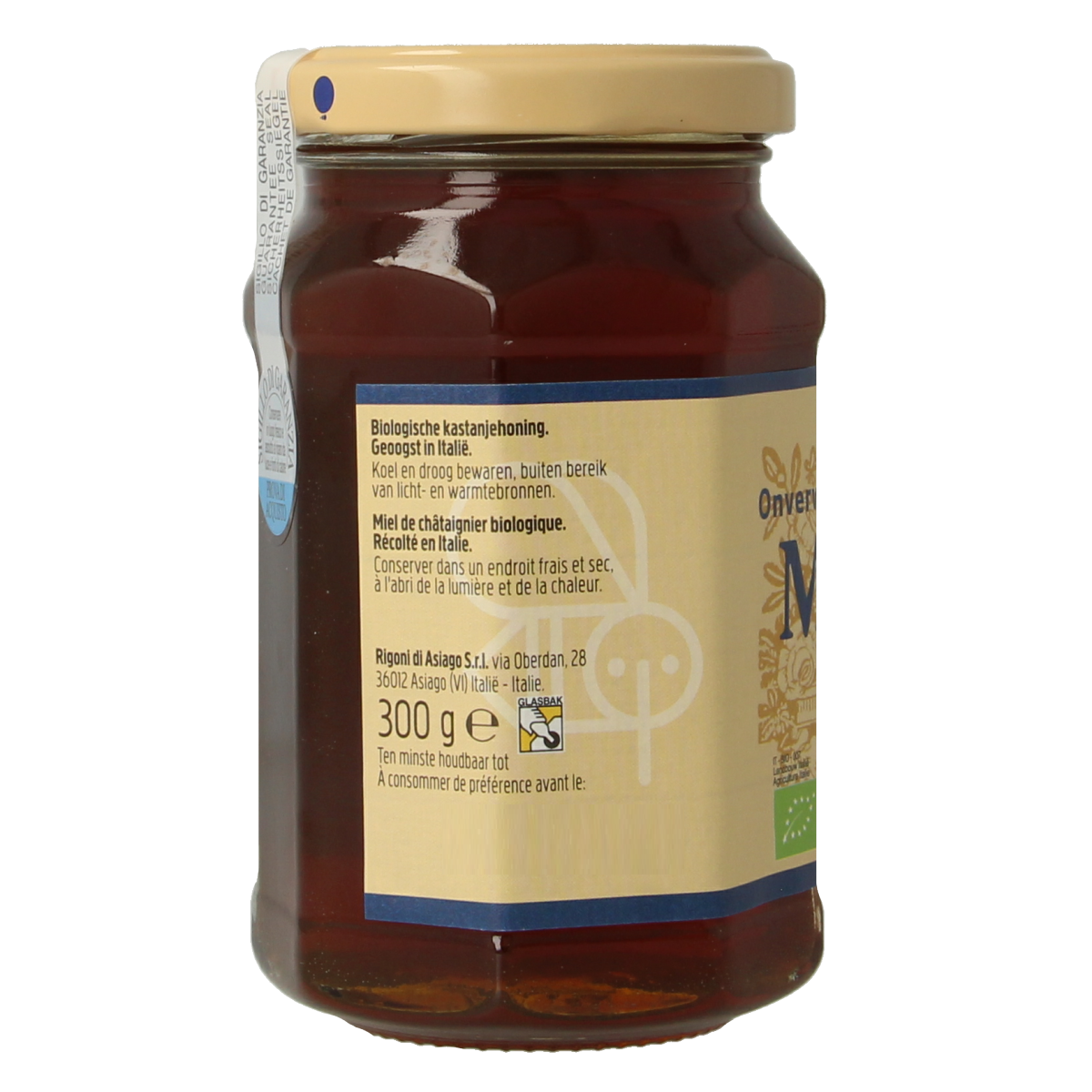 Rigoni Di Asiago organic liquid chestnut honey in a 300g jar with a golden amber color and smooth texture.