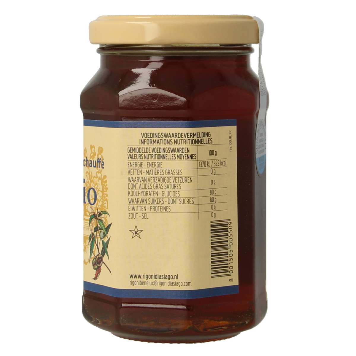 Liquid organic chestnut honey in a 300g jar from Rigoni Di Asiago, showing the golden honey inside.