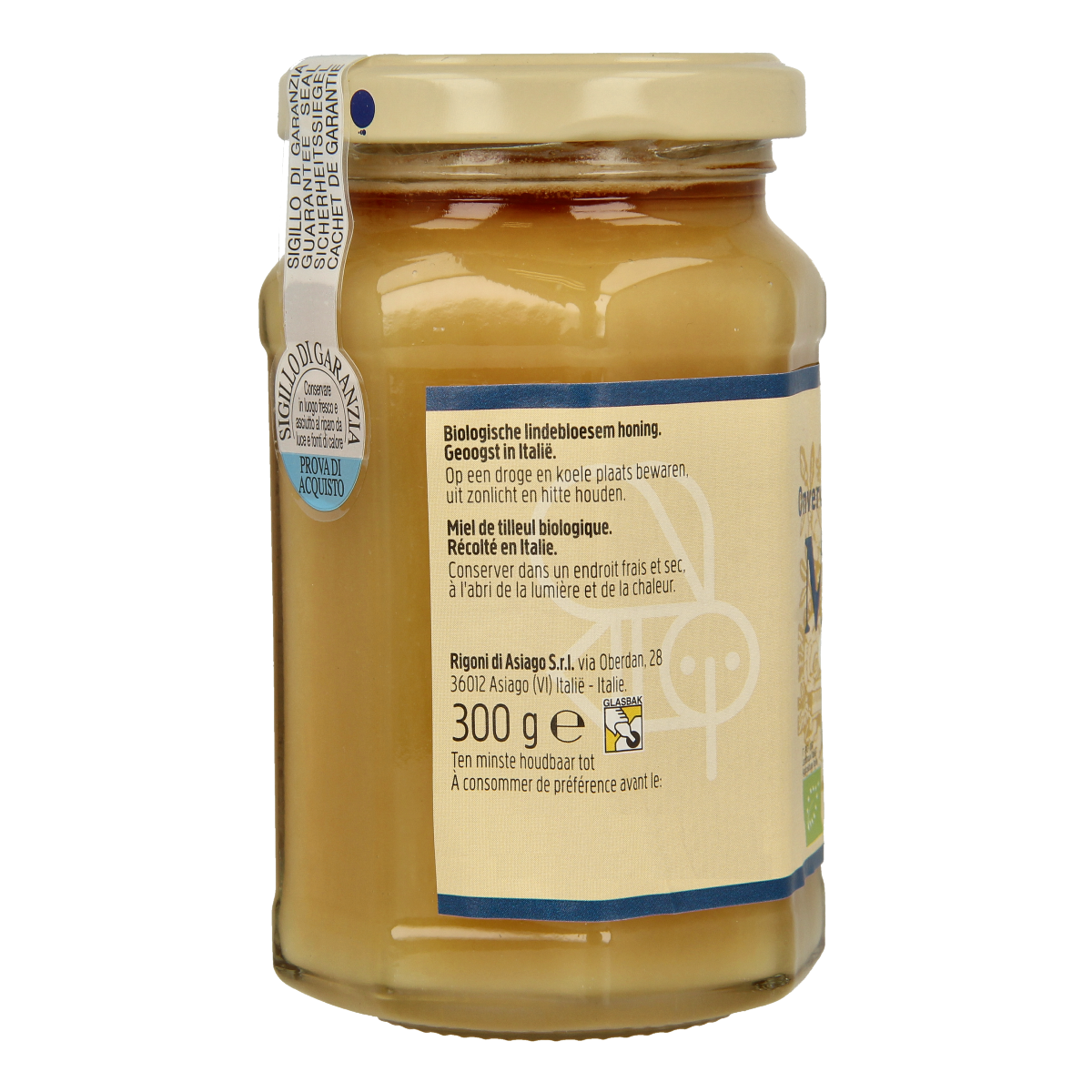 Mielbio Lindebloesem creme honing in 300g jar, smooth honey with delicate linden blossom flavor, natural organic honey from Mielbio.
