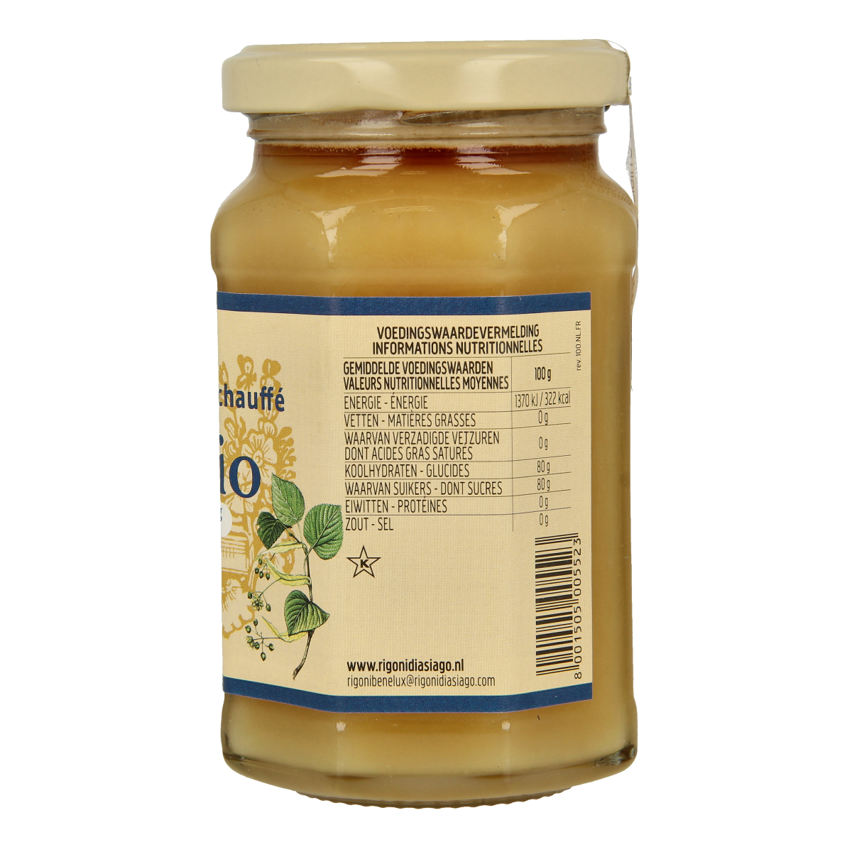 Mielbio Lindebloesem organic honey cream jar, 300g, with a golden honey texture and label showing the Mielbio brand.