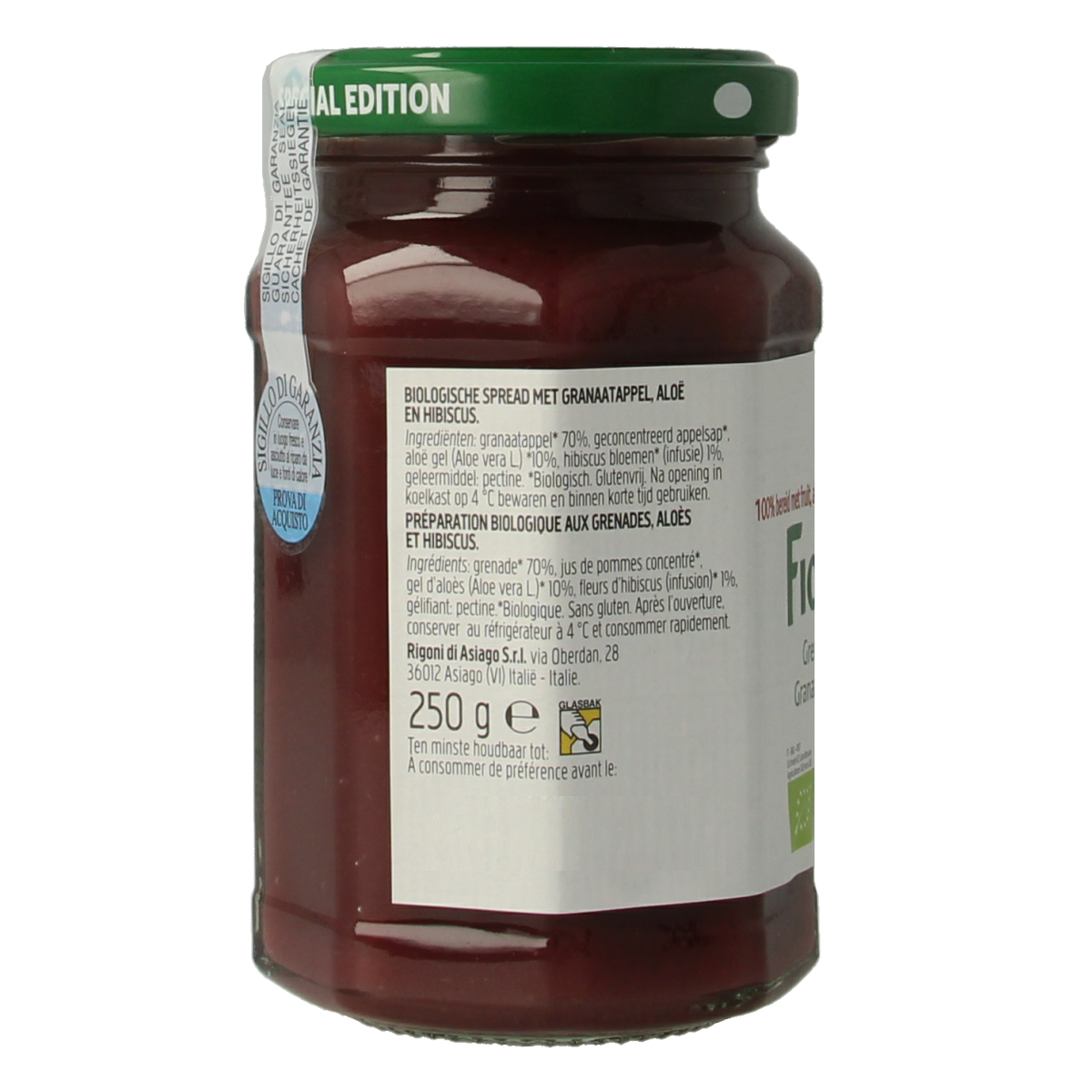 Fiordifrutta Granaatappel aloe hibiscus bio broodbeleg jar with red fruit spread and floral ingredients, 250g.