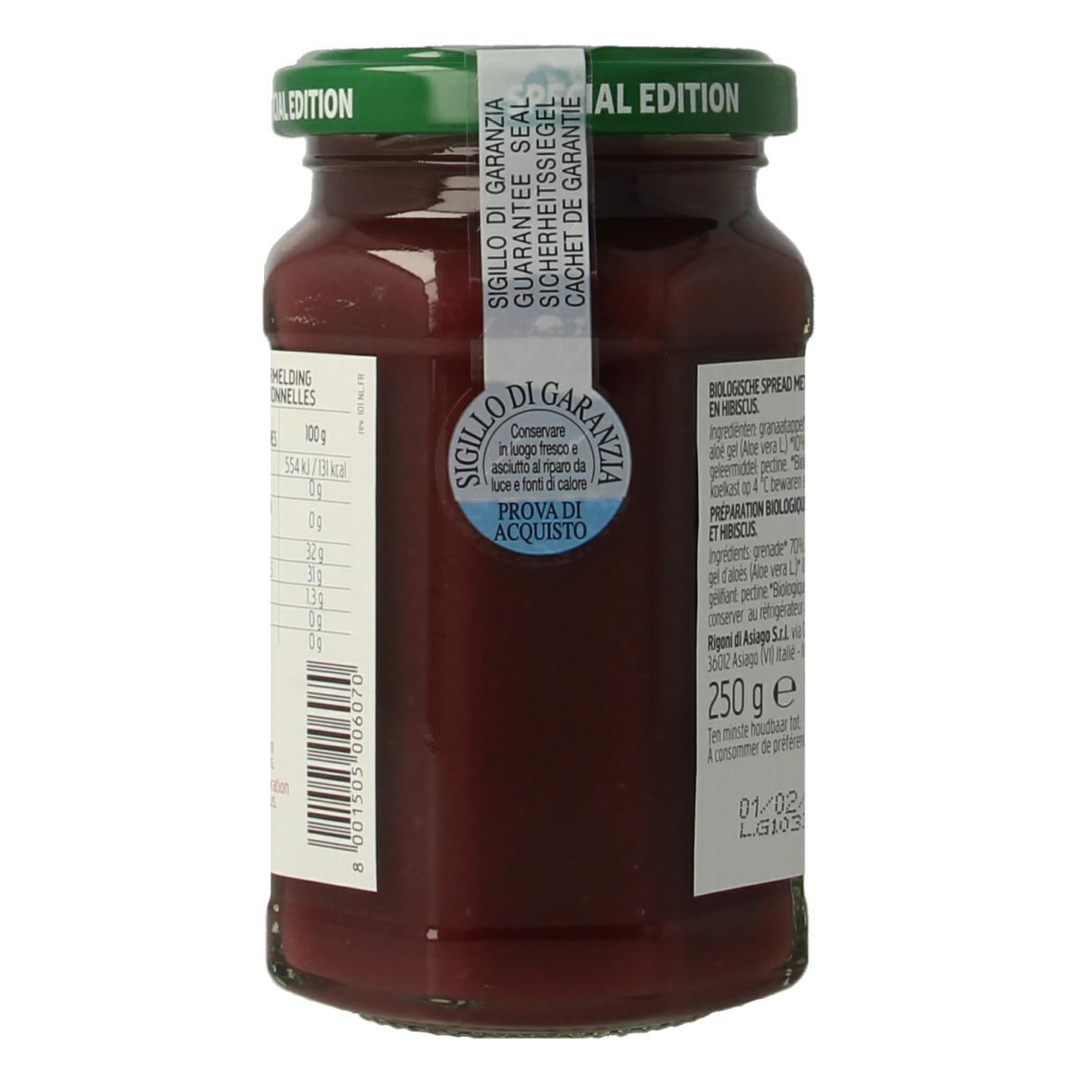 Fiordifrutta Granaatappel aloe hibiscus bio broodbeleg jar, 250g with vibrant fruit and floral ingredients visible