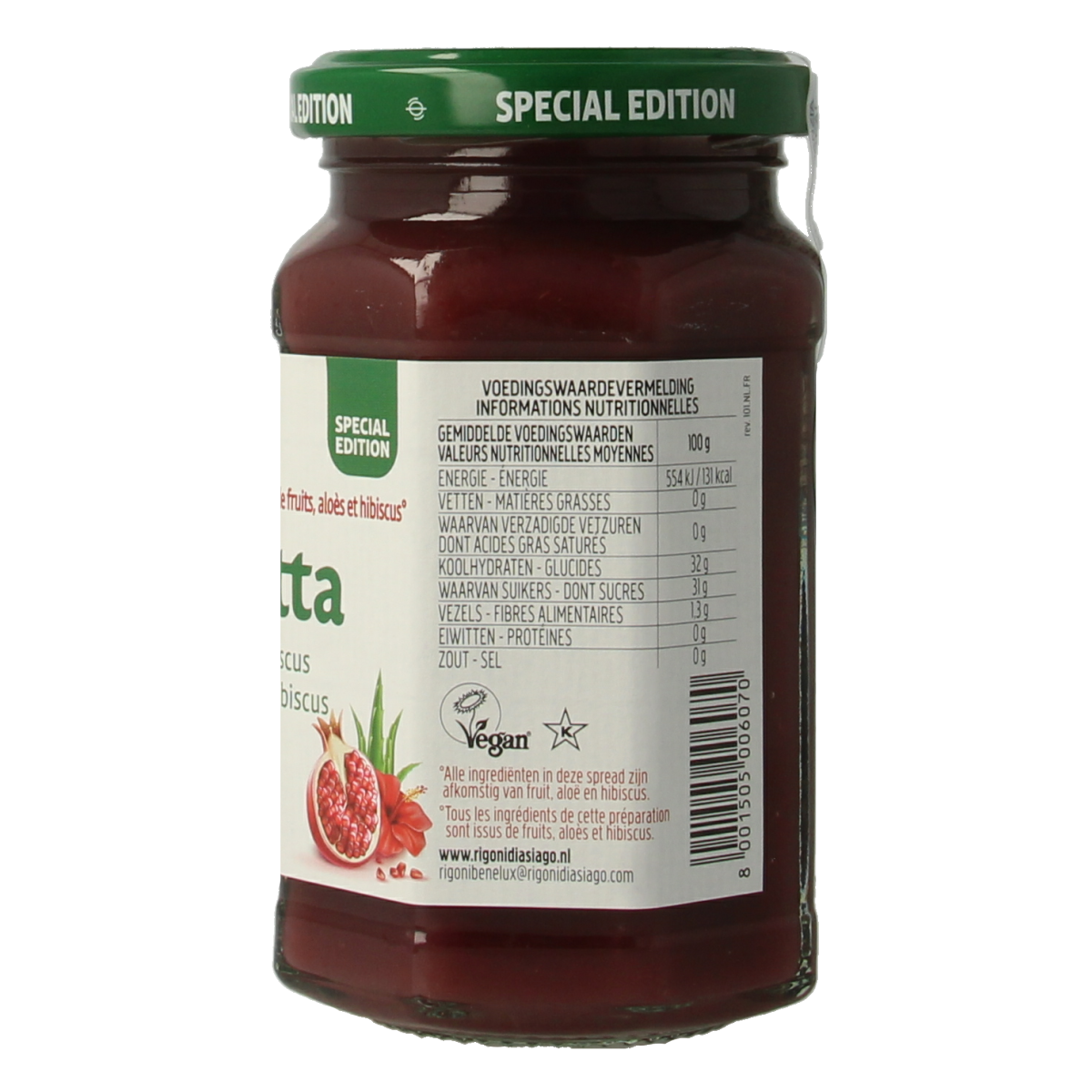 Fiordifrutta Granaatappel aloe hibiscus bio broodbeleg jar, showing vibrant fruit spread with a label and lid.