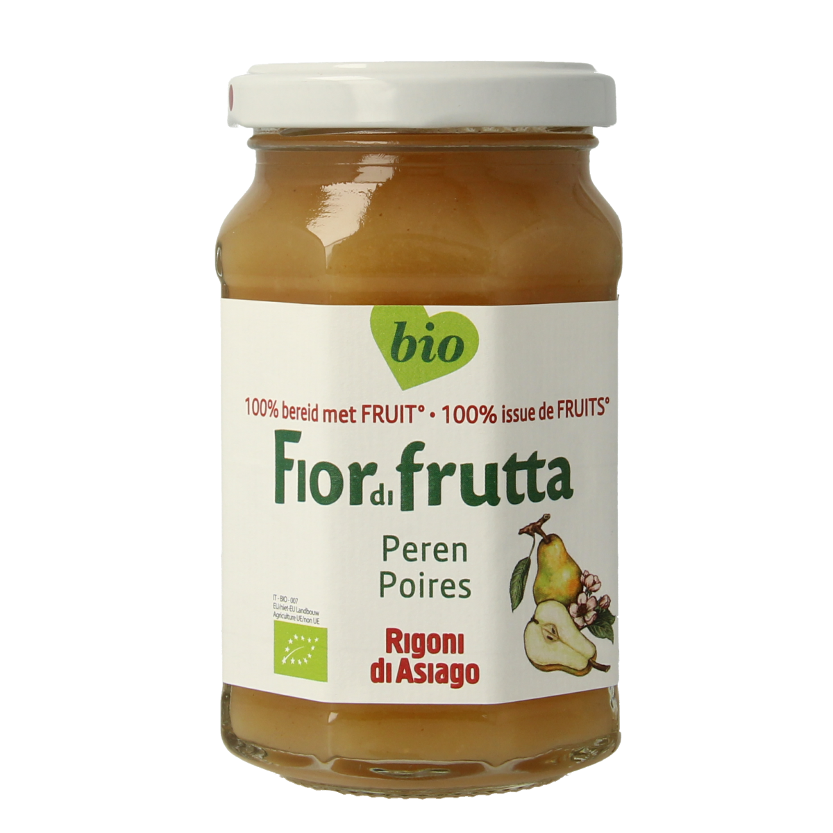 Fiordifrutta Perenjam bio spread on bread, showcasing a jar of organic pear fruit spread by Fiordifrutta.