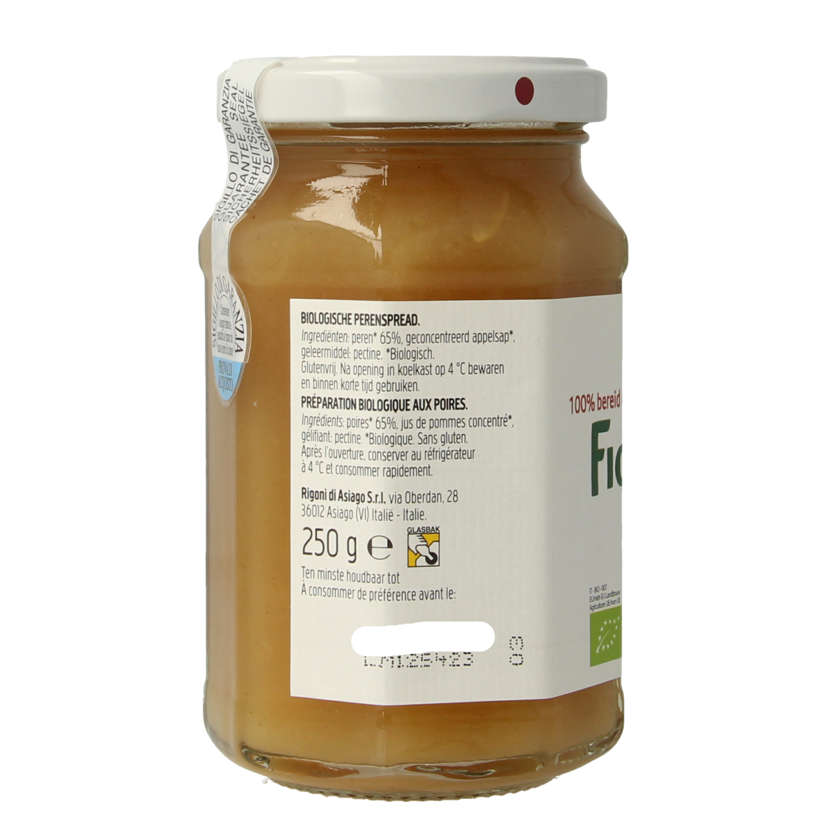 Fiordifrutta Perenjam bio 250g jar, natural pear fruit spread for bread and toast, organic and fruit-based spread.