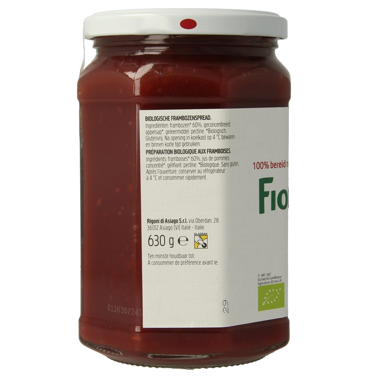 Fiordifrutta Frambozen bio broodbeleg jar with fresh raspberry fruit spread, 630 grams, natural and organic fruit preserve.