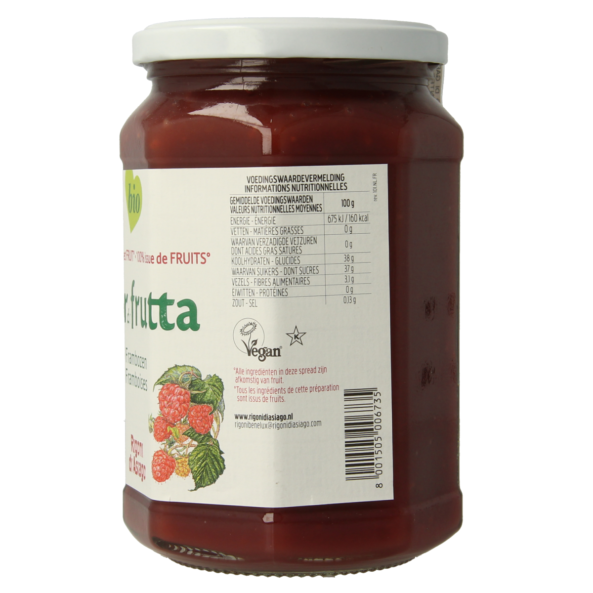 Fiordifrutta bio raspberry jam spread on bread, 630g jar, natural fruit preserve with fresh raspberry flavor.