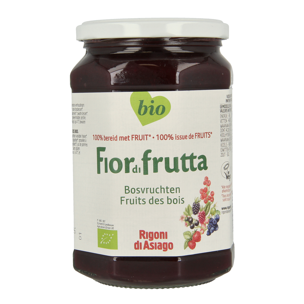 Fiordifrutta bio Bosvruchtenjam spread on bread, showcasing fresh mixed berry jam in a jar.
