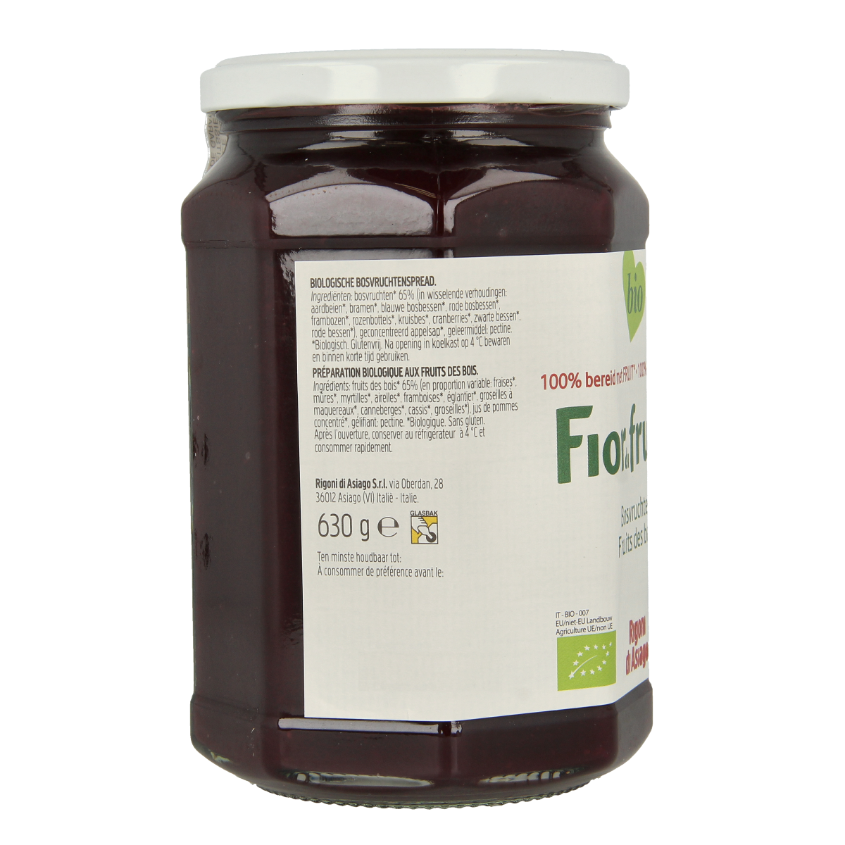 Fiordifrutta Bosvruchtenjam bio spread on bread, showcasing a jar of organic mixed berry fruit jam with fresh berries.