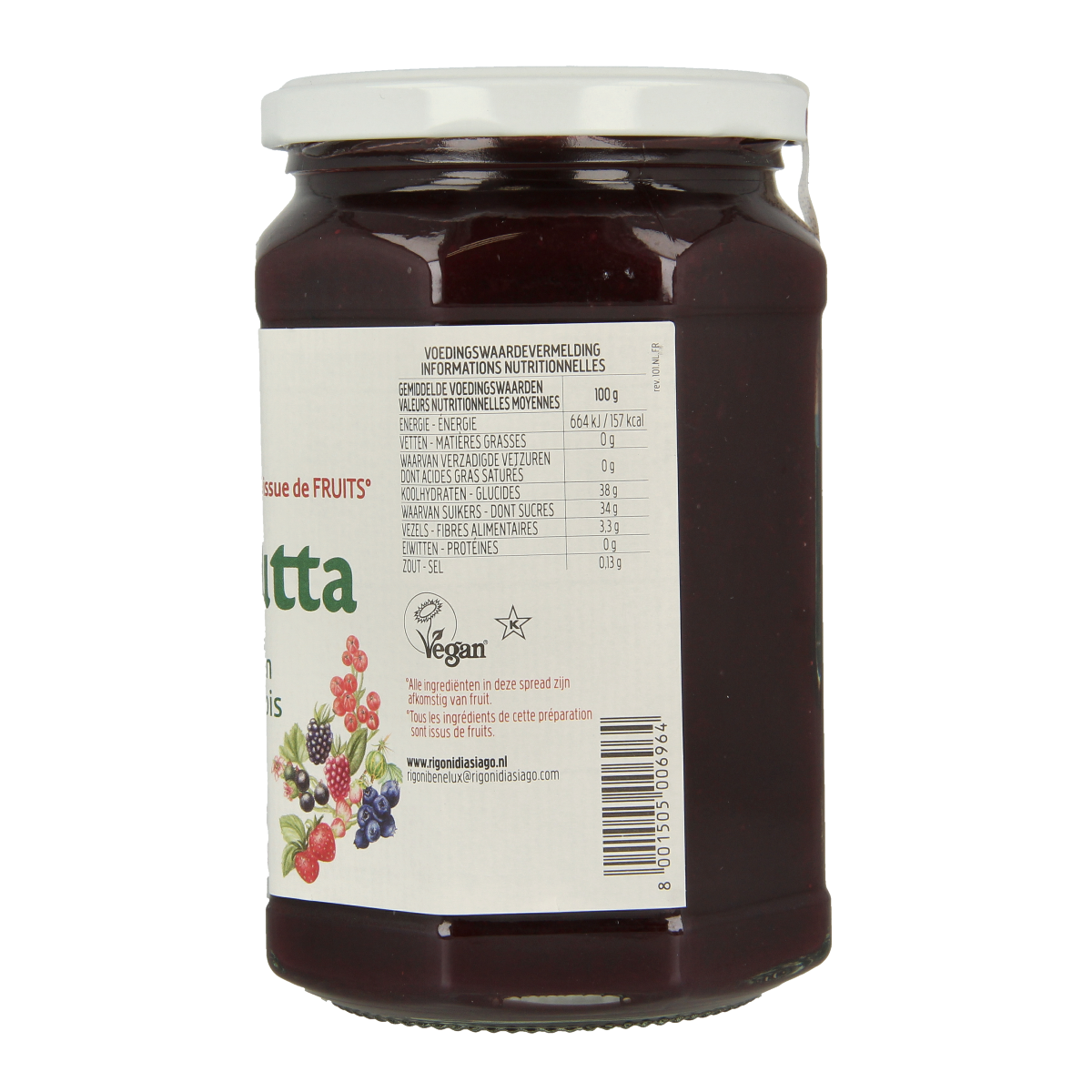 Fiordifrutta Bosvruchtenjam bio spread on bread, showing fresh mixed berry fruit jam in a jar.