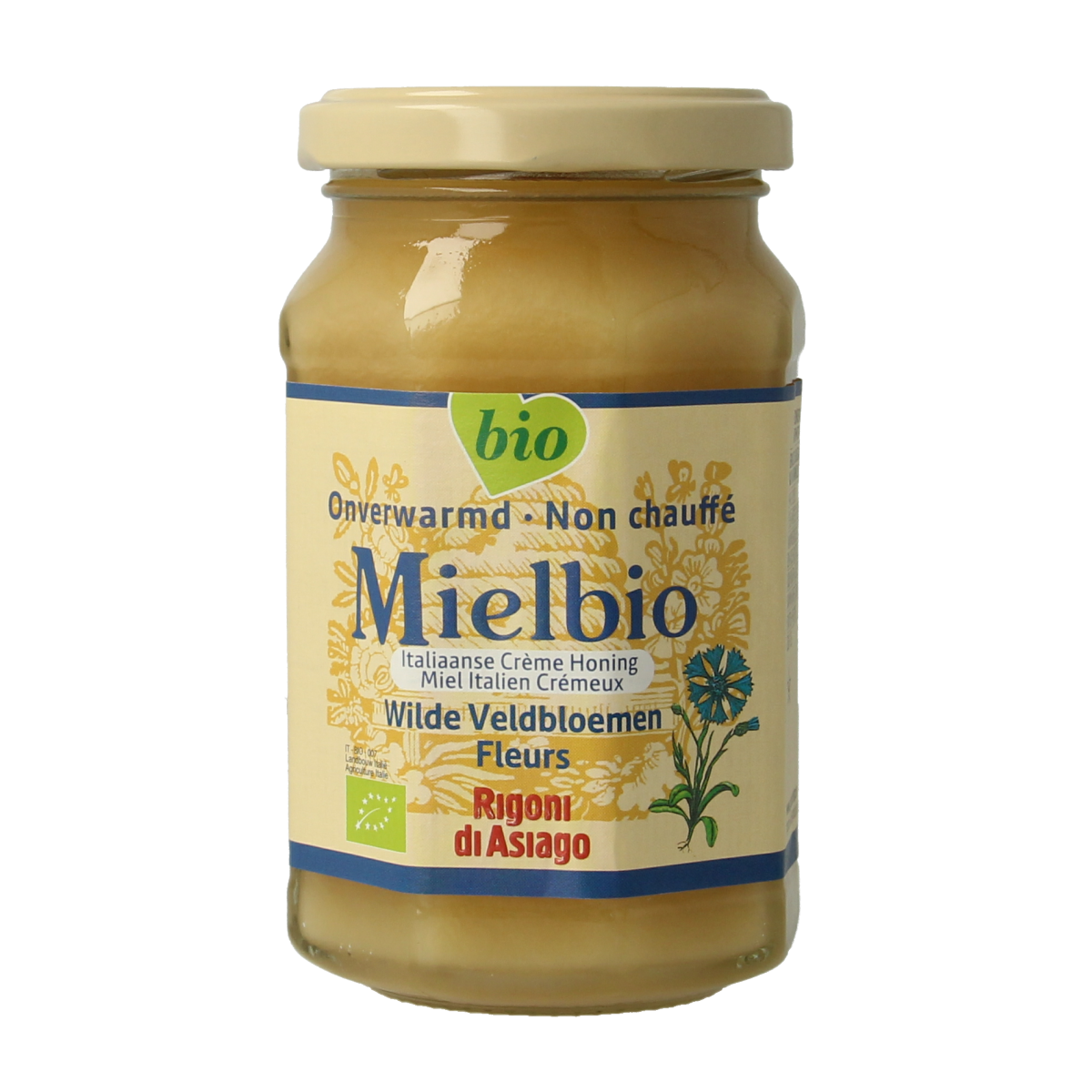Mielbio Wilde veldbloemen creme honing in 300g jar, smooth honey with wildflower flavor, natural and organic product.