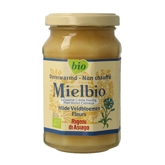 Mielbio Wilde veldbloemen creme honing in 300g jar, smooth honey with wildflower flavor, natural and organic product.