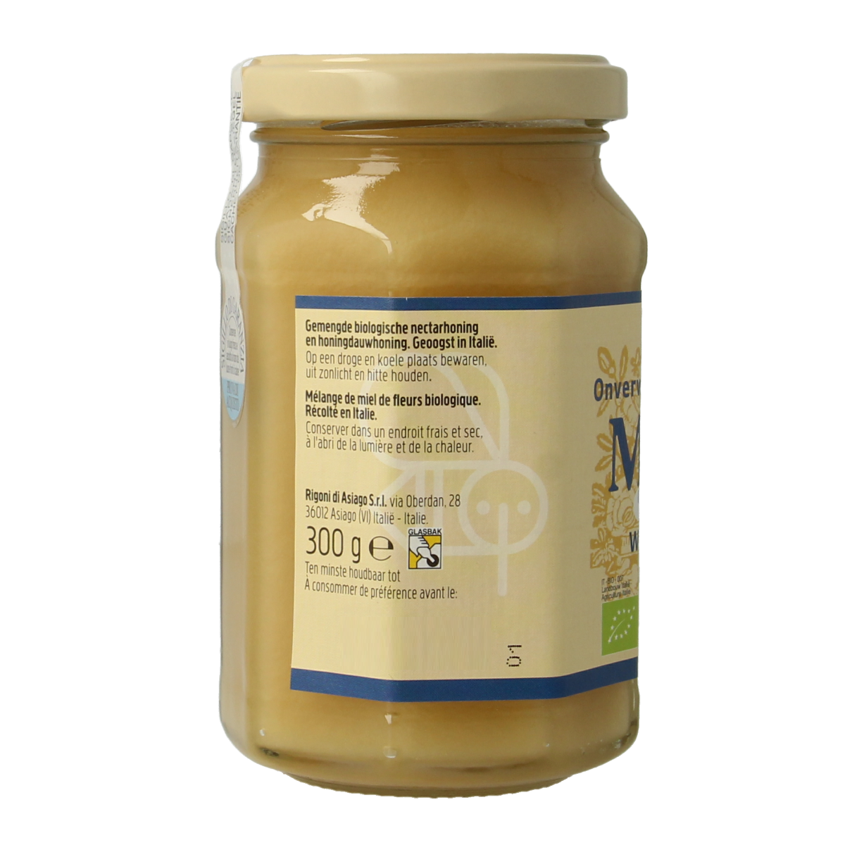 Mielbio Wilde veldbloemen crème honing in 300g jar, natural golden honey with floral notes, in a glass container.