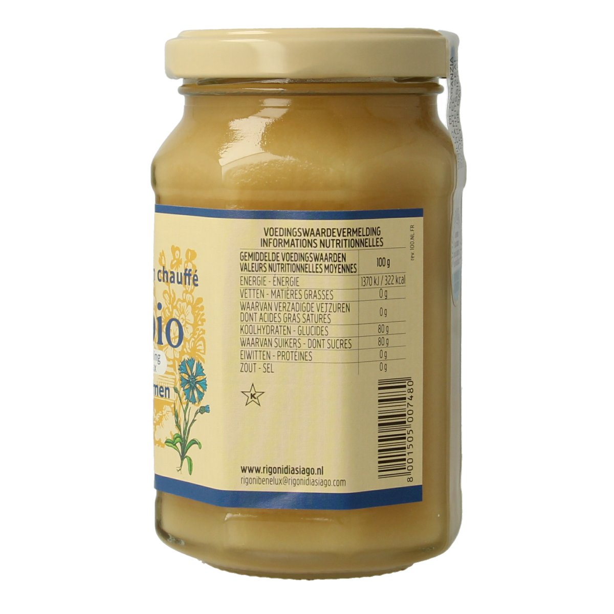 Jar of Mielbio Wilde Veldbloemen Creme Honing bio, 300g, with golden honey visible in a clear glass jar.