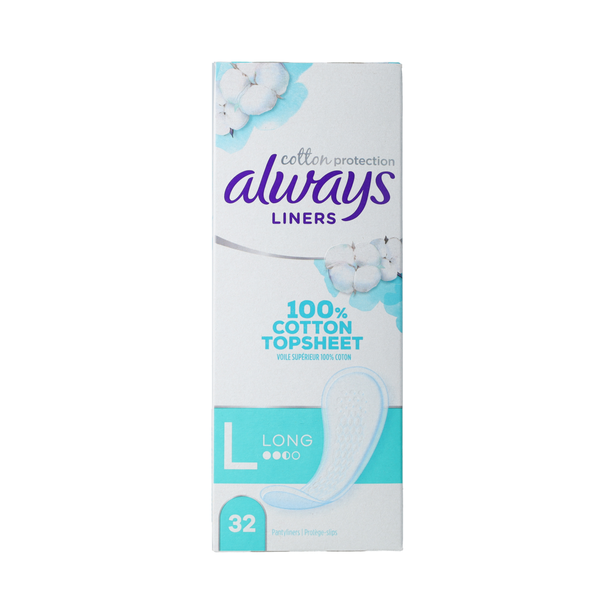 Always Dailies cotton protection inlegkruisjes large pack with 32 disposable panty liners for women, soft and breathable fabric.
