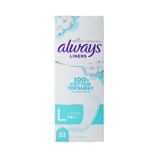 Always Dailies cotton protection inlegkruisjes large pack with 32 disposable panty liners for women, soft and breathable fabric.