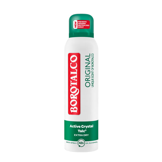 Borotalco deodorant spray bottle with white label, 150ml, featuring a sleek design and spray nozzle for underarm freshness.
