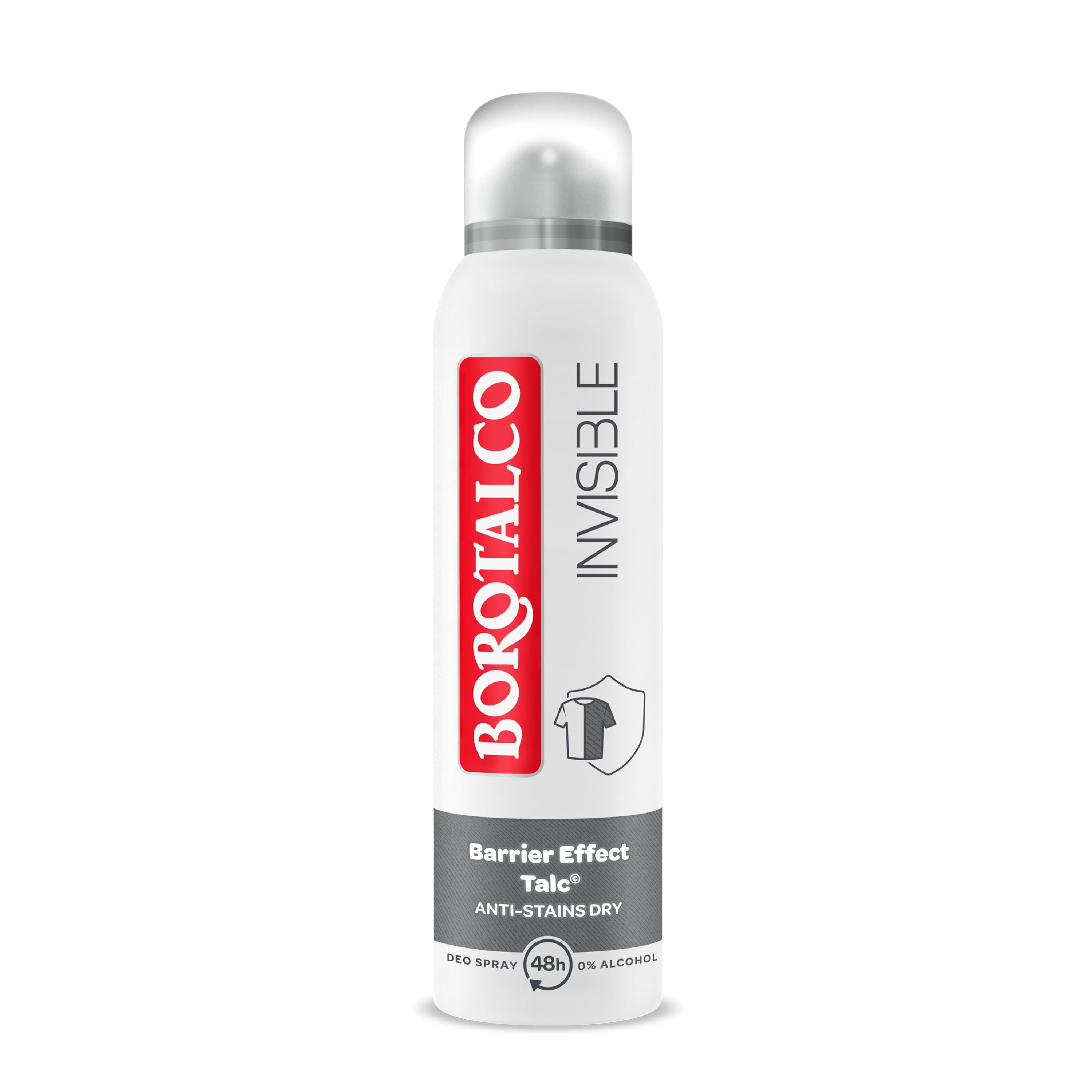 Borotalco invisible deodorant spray in 150ml bottle, showing the sleek packaging and spray nozzle.