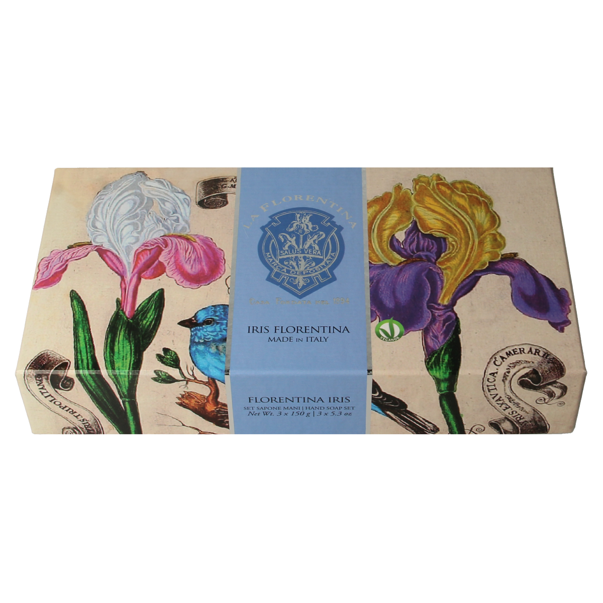 La Florentina Zeep Iris soap pack with three bars, displaying elegant packaging and iris floral design on the label.