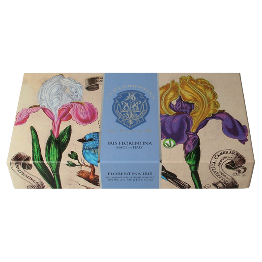 La Florentina Zeep Iris soap pack with three bars, displaying elegant packaging and iris floral design on the label.