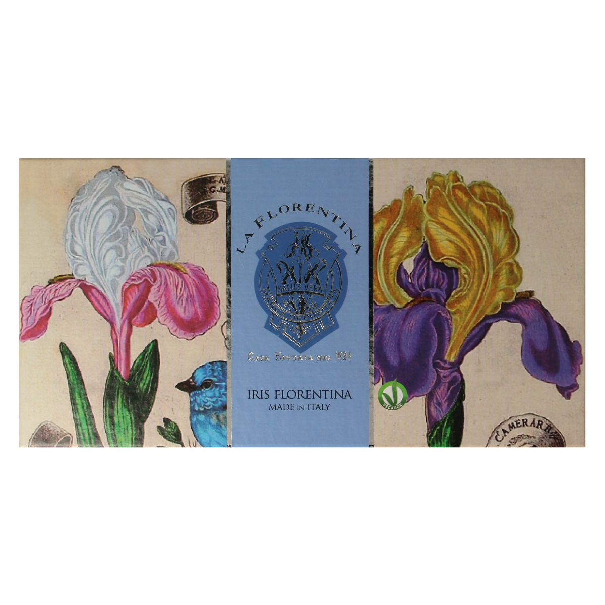 La Florentina Zeep Iris soap, three pieces of fragrant iris-scented soap bars displayed in the image.