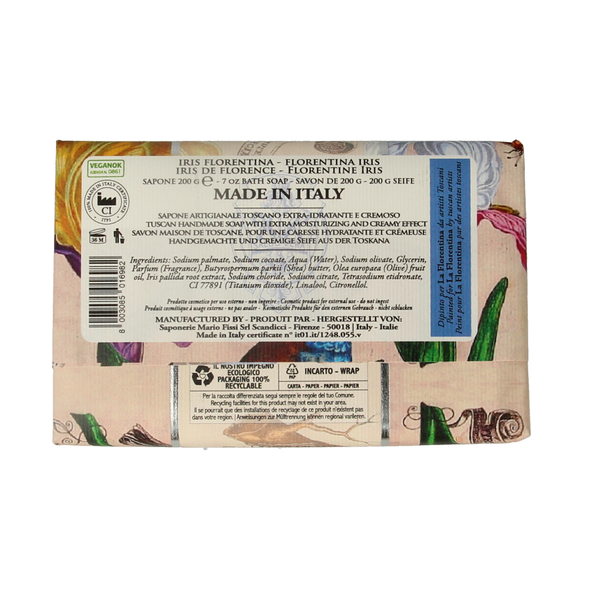 La Florentina Iris Zeep bar, 200g, natural floral soap with iris scent, displayed on a neutral background