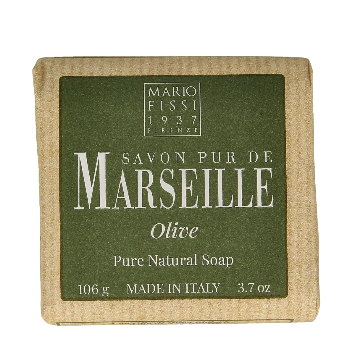 Marseille Zeep natuurlijk olijf zeep bar, 106g, with olive oil visible in the natural soap texture and packaging.