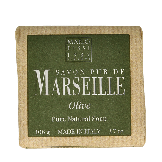 Marseille Zeep natuurlijk olijf zeep bar, 106g, with olive oil visible in the natural soap texture and packaging.