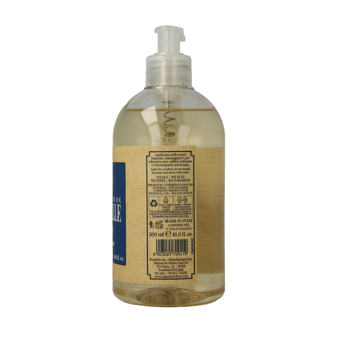 Marseille Zeep natuurlijk vloeibare zeep in 500ml bottle, featuring a clear dispenser and minimalist label design.