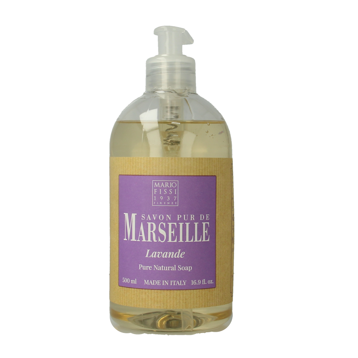 Marseille Zeep natuurlijke vloeibare lavendelzeep in 500ml fles, featuring lavender scent and gentle cleansing formula.