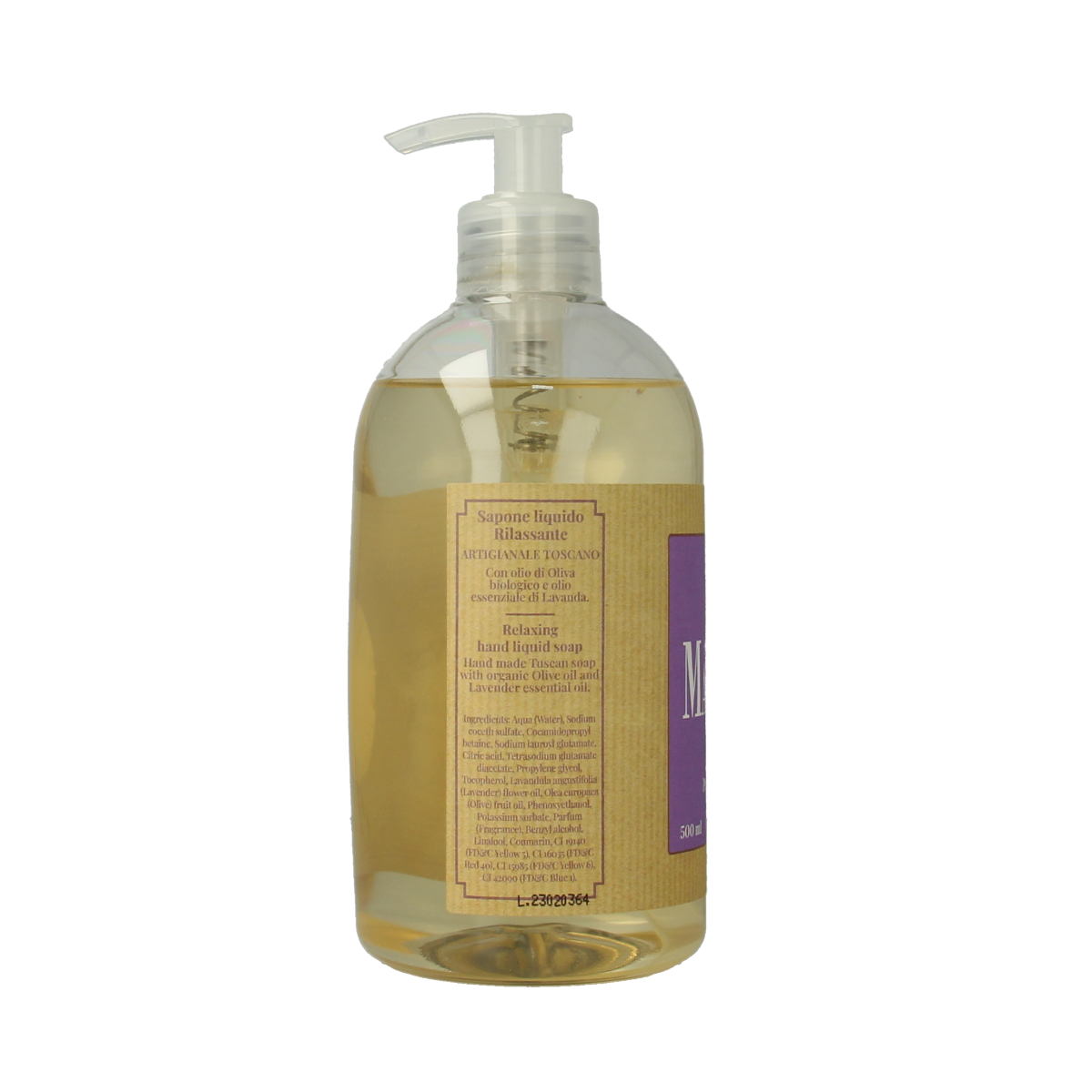 Marseille natural lavender liquid soap in a 500ml bottle, featuring a clear dispenser and lavender scent label.