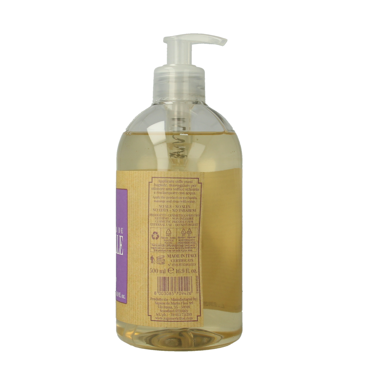 Marseille natural lavender liquid soap in 500ml bottle with lavender flowers and gentle soap texture.