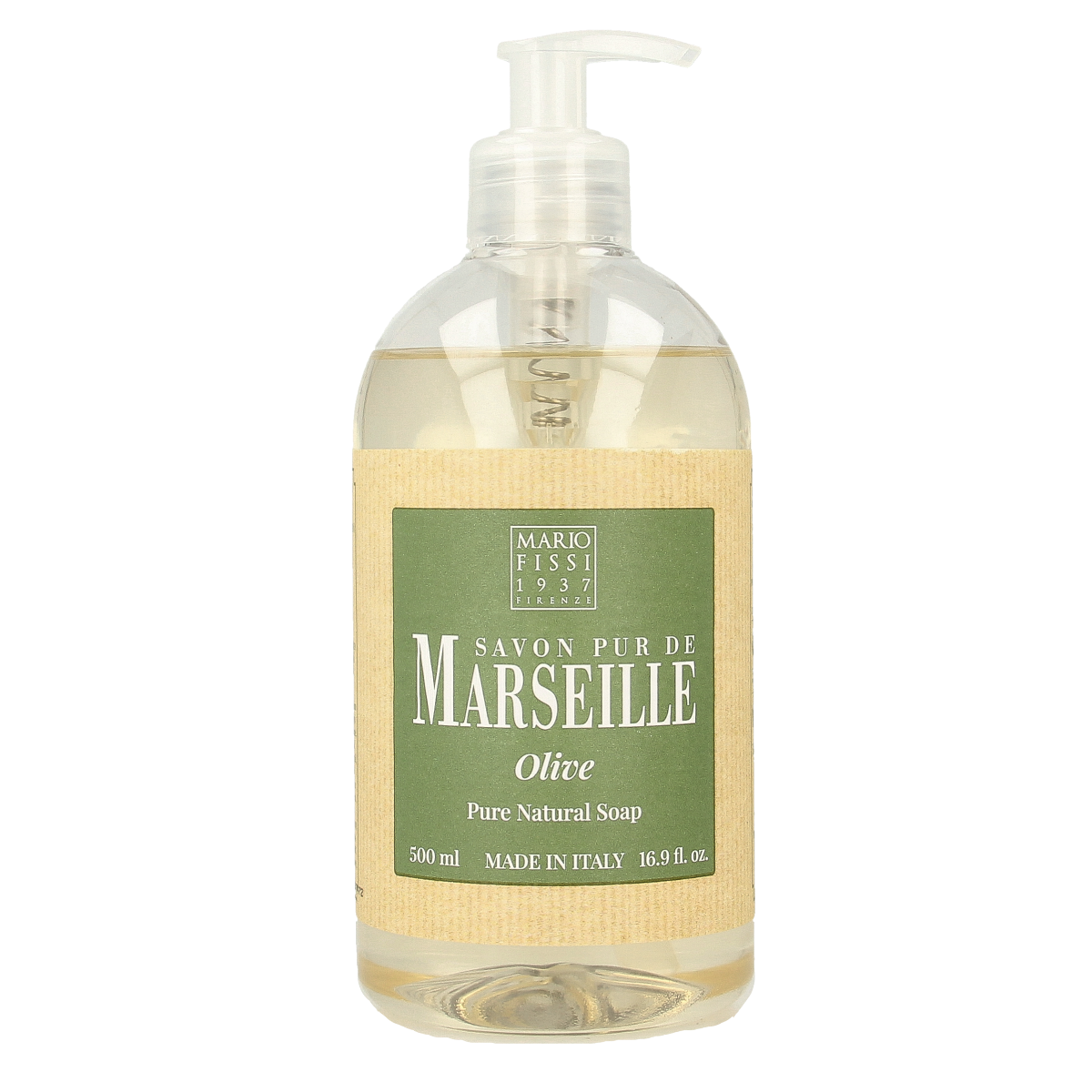 Marseille Zeep natural liquid olive soap in a 500ml bottle, with a clear label and pump dispenser.