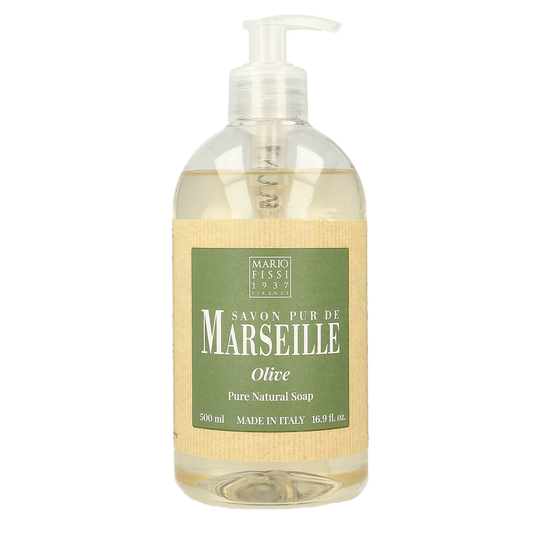 Marseille Zeep natural liquid olive soap in a 500ml bottle, with a clear label and pump dispenser.