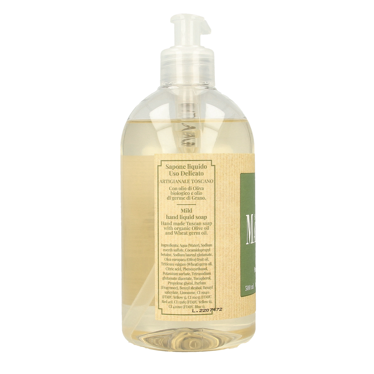 Marseille natural liquid olive soap in a 500ml bottle with a clear pump dispenser, showcasing the greenish soap inside.