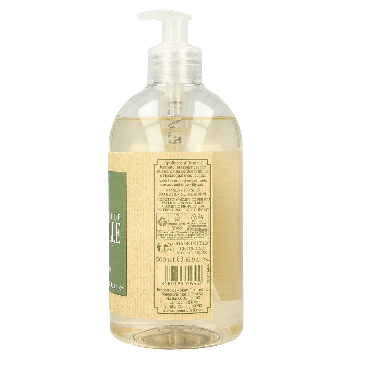 Marseille Zeep natuurlijk vloeibare olijfzeep in 500ml bottle, featuring a clear liquid with olive oil ingredients.