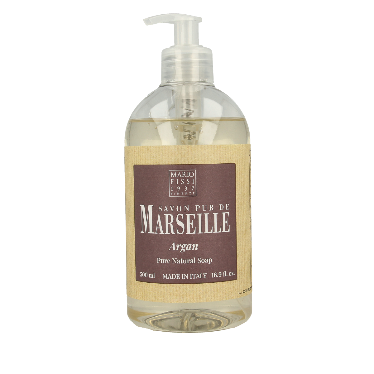 Marseille Zeep natuurlijke vloeibare arganzeep in 500ml bottle, featuring a clear liquid with a subtle argan scent.