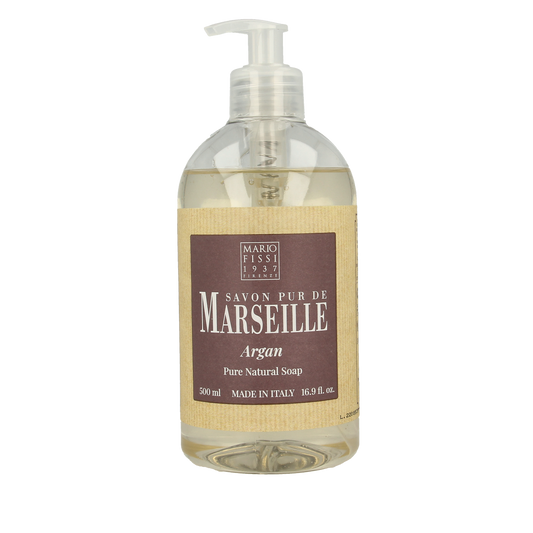 Marseille Zeep natuurlijke vloeibare arganzeep in 500ml bottle, featuring a clear liquid with a subtle argan scent.