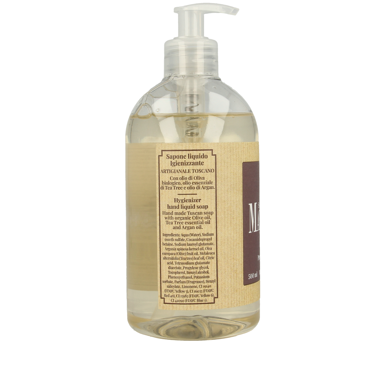 Marseille Zeep with natural argan oil in a 500ml bottle, featuring a clear pump dispenser and a label with botanical images.